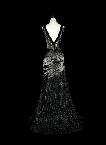 Robe de bal longue sirène plissée en satin, sans manches, col bateau, années 1960, N1574