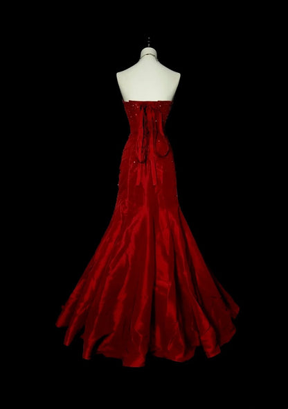 Vintage Mermaid Strapless Red Satin 90s With Beaded Prom Dresses Long Formal Party Gown N1380