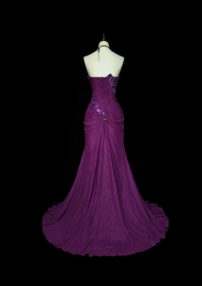 Robe de bal d'été vintage sirène à décolleté bustier orné de perles violettes, longue, idéale pour la plage ou les soirées formelles printanières (N1420)