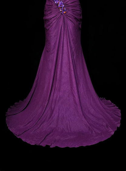Robe de bal d'été vintage sirène à décolleté bustier orné de perles violettes, longue, idéale pour la plage ou les soirées formelles printanières (N1420)