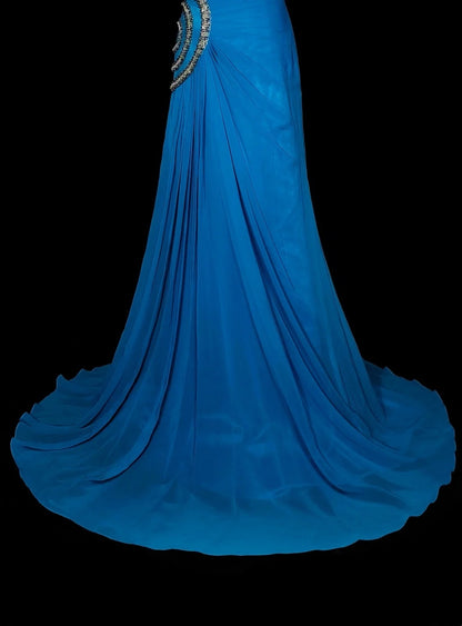 Robe de bal d'été longue, bustier, en mousseline bleue ornée de perles, style sirène vintage, N1423