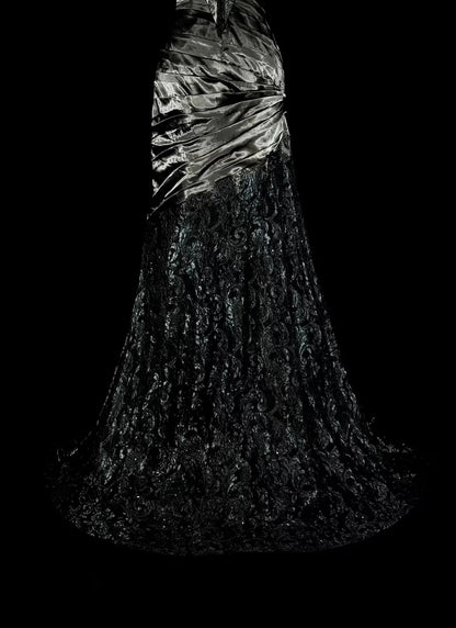Robe de bal longue sirène plissée en satin, sans manches, col bateau, années 1960, N1574