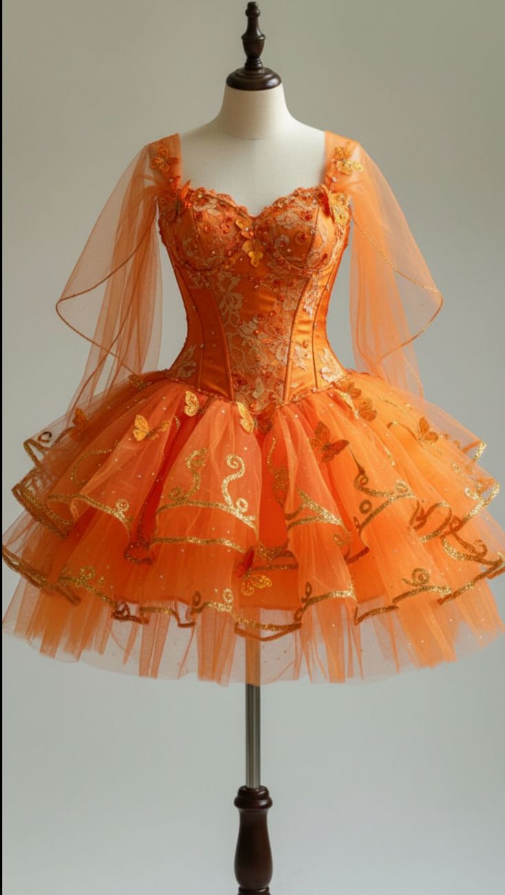 Sexy Short Homecoming Dresses A Line Ember Butterfly Fairy Dress | Orange Sparkle Corset Gown With Gold Details Birthday Sweet 16 Dress Ideas Outfits RB7523