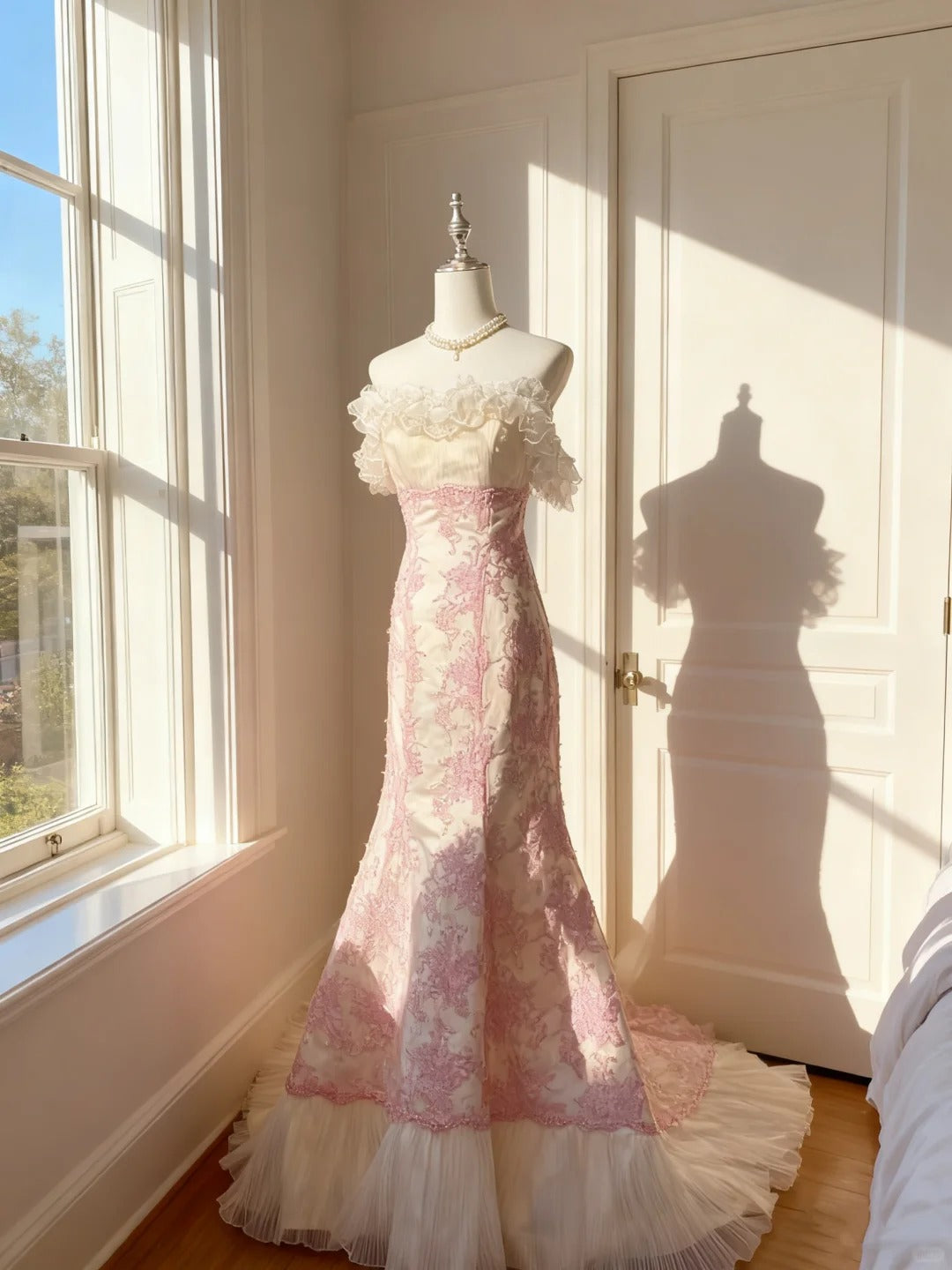 Klassische Meerjungfrauen-Trägerlose Pinke Spitze Mit Rüschen Bodenlange Ballkleider Inspo Formelle Outfits RB4500