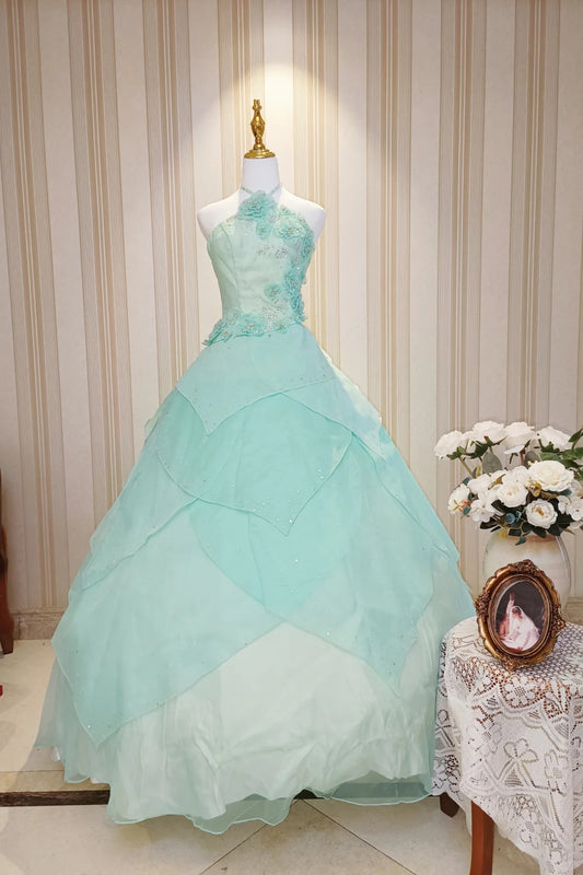 Prinzessin Ballkleid Hochgeschlossen Blau Rüschenlagen Stufenförmig Mit Blumen Sweet 16 Kleider Quinceanera Kleid N4189