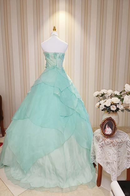 Robe de bal de princesse à col haut, bleue, à volants, avec fleurs, robe de 16e anniversaire, robe de Quinceañera N4189