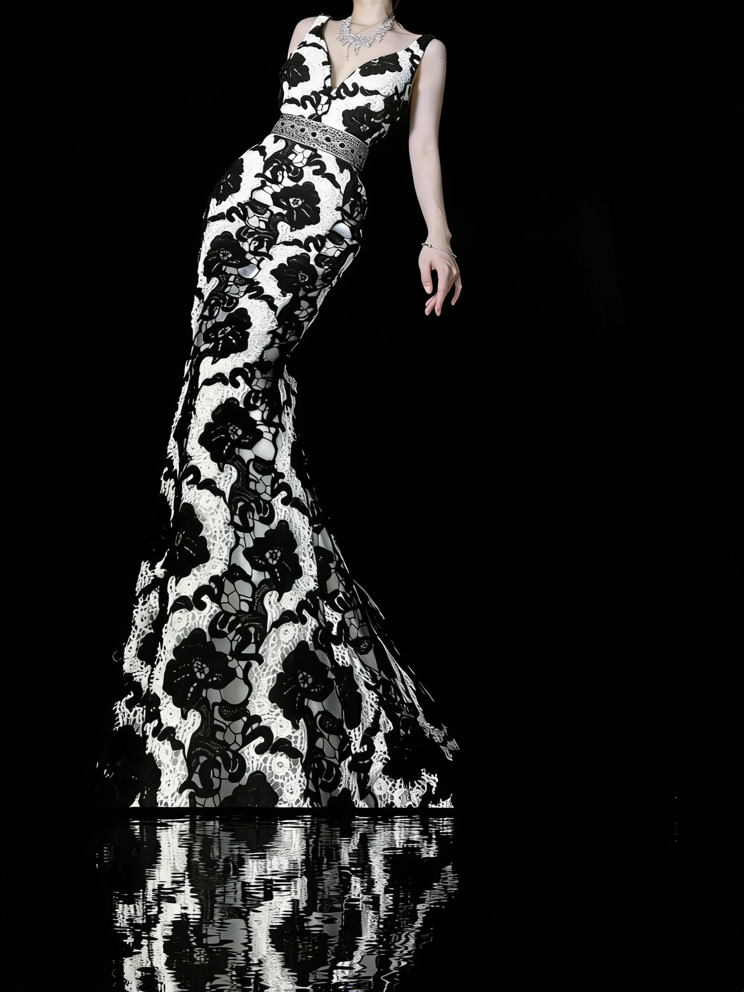 Modest Mermaid V Neck Black Floral Satin College Formal Outfit Long Prom Graduation Dresses For Teens N1188