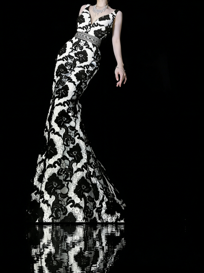Modest Mermaid V Neck Black Floral Satin College Formal Outfit Long Prom Graduation Dresses For Teens N1188