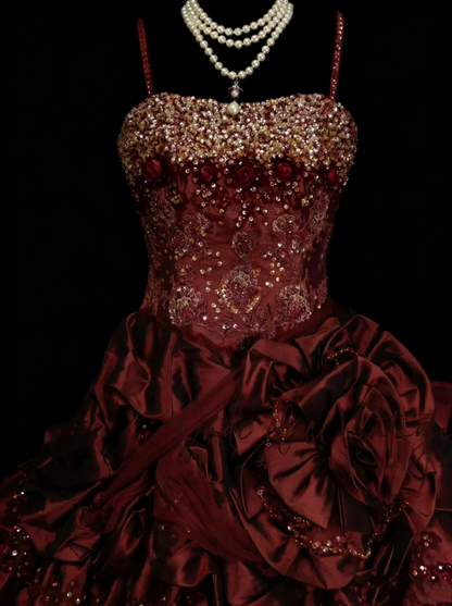 Vintage Ballkleid mit Spaghettiträgern, burgunderroter Satin, gestuft, Sweet 16 Kleid, Quinceañera Kleid, lang, Vestidos De Fiesta N1447