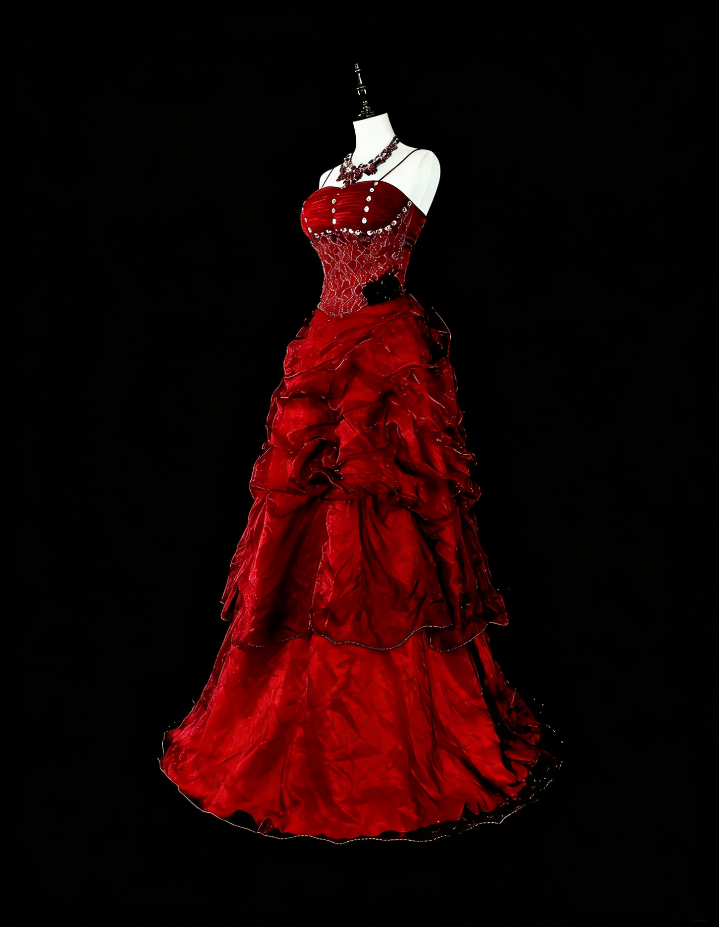 Robe de bal élégante à bretelles spaghetti en tulle bordeaux, inspiration robe de soirée longue N1843