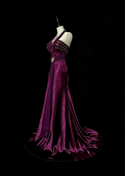 Retro Meerjungfrauen-Halterkleid aus lila Satin mit Perlenbesatz, ärmellos, 70er-Jahre-Stil, langes formelles Abendkleid N1494