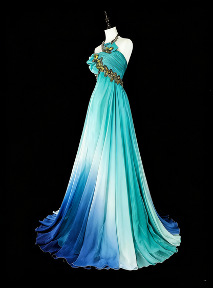 Robe de bal vintage, esthétique années 50, rétro chic, bleu ombré, coupe trapèze, longue, ornée de perles, N2006