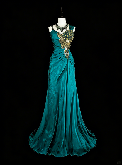 Robe de bal longue vintage vert sirène années 70 avec plis et perles dorées, N1837