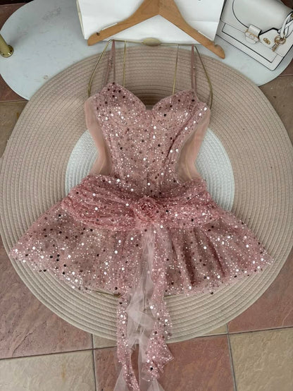 Robe rose à fines bretelles pour 16e anniversaire, paillettes et sequins, coupe trapèze, robes de bal de rentrée N4737