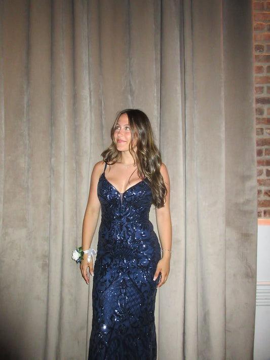 Elegantes Meerjungfrauen-Abendkleid für Damen, Spaghettiträger, marineblau, Pailletten, Partykleid, Geburtstagskleid N1528
