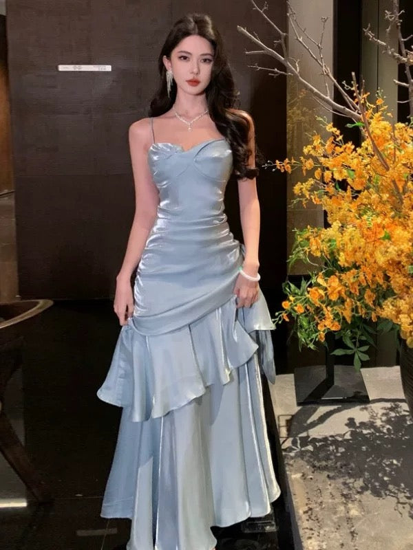 Robe de bal de fin d'année pour fille, style sirène, bleu ciel clair, bretelles spaghetti, NN829