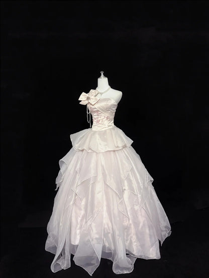 Sweet 15 Quinceanera Dress Ball Gown Strapless Light Pearl Pink With Tiered Long 15th Birthday Gown RC0273