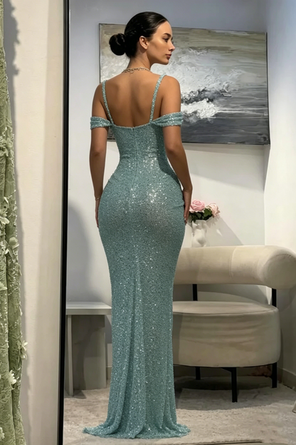 Blaues Pailletten-Partykleid, schulterfrei, ärmellos, Ballkleid, Abendkleid AB1555