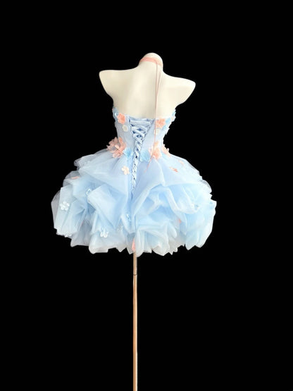 Cute Ball Gown Strapless Light Sky Blue With 3D Flowers Short Mini High School Ideas Homecoming Dress Inspo Birthday Dresses Senior Graduation Outfits RB7216