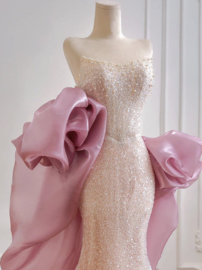 Glamorous Mermaid Strapless Light Pink Sequin With Cape Prom Dresses Long Evening Formal Gown BirthdayParty Gowns N377