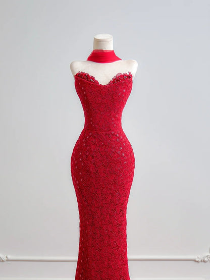 Romantisches Meerjungfrauen-Abendkleid aus roter Spitze mit Schal, langes Kleid, beeindruckendes Outfit zum 18. Geburtstag, Partykleid N395