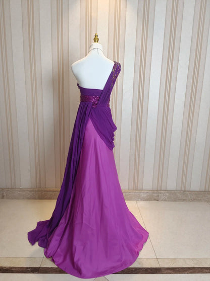 Vintage Meerjungfrau-Abschlussballkleider mit einer Schulter, Trauben-Chiffon, 80er Jahre, mit Perlen, lange formelle Abendkleider N4223