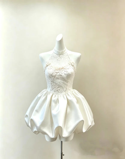Elegant Ball Gown Halter White Satin Lace Mini Short Cocktail Gown Homecoming Dresses Ideas Hoco Outfits RB4836