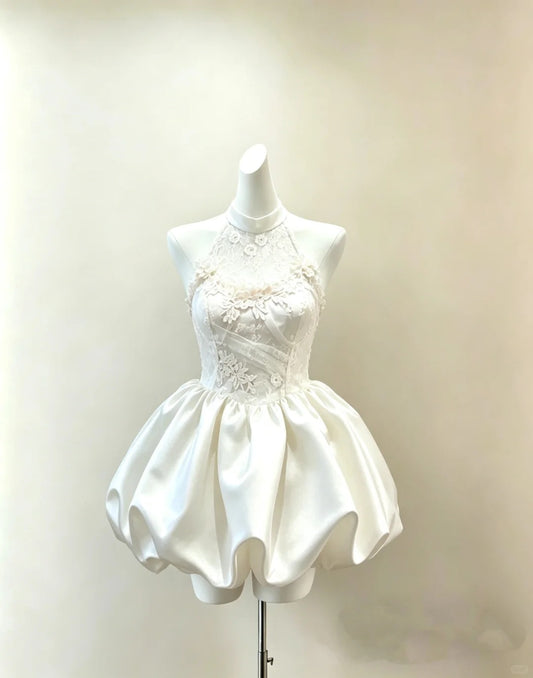 Elegant Ball Gown Halter White Satin Lace Mini Short Cocktail Gown Homecoming Dresses Ideas Hoco Outfits RB4836