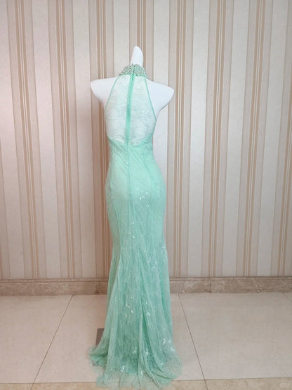 Modest Mermaid High Neck Mint Green Lace Evening Dresses Night Date Prom Dress N4483