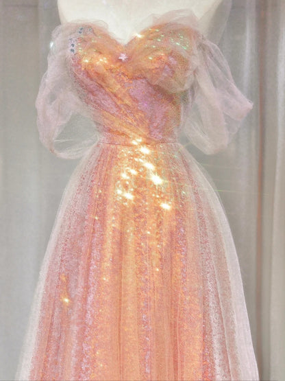 Magnifique robe de soirée longue rose à sequins, coupe trapèze, épaules dénudées et manches courtes, référence N721