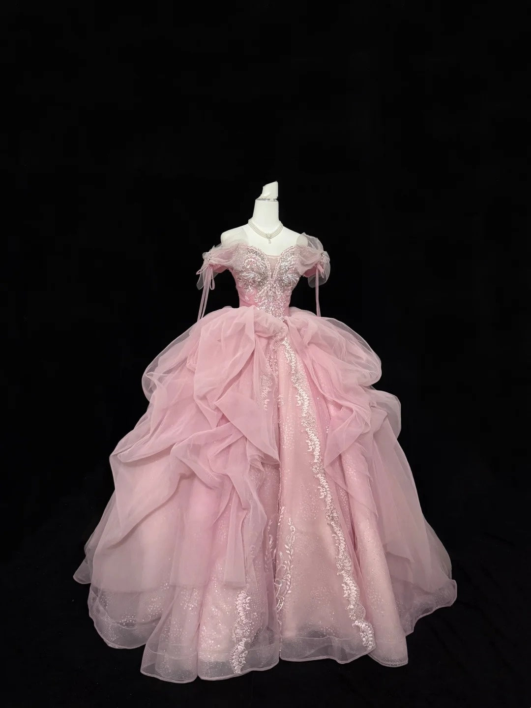 Rosa langes Ballkleid für den 16. Geburtstag, schulterfrei mit gerüschter Pailletten-Spitze, Modell RC0235