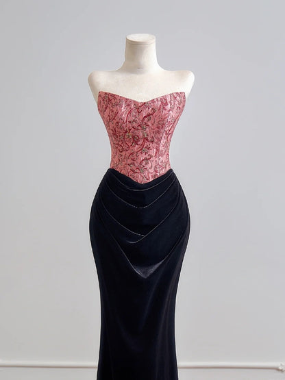 Flattering Mermaid Strapless Pink Satin With Velvet Black Prom Dresses Long Evening Formal Birthday Party Gowns N382
