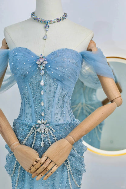 Robe de soirée longue sirène scintillante bleu à paillettes avec épaules dénudées, tenue d'anniversaire, robe de bal de promo N2842