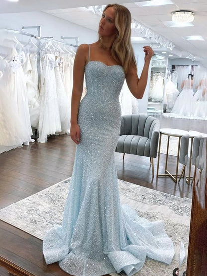 Glänzendes königsblaues Meerjungfrauen-Abendkleid mit Spaghettiträgern und Perlenbesatz, langes Ballkleid, Partykleid RB1671