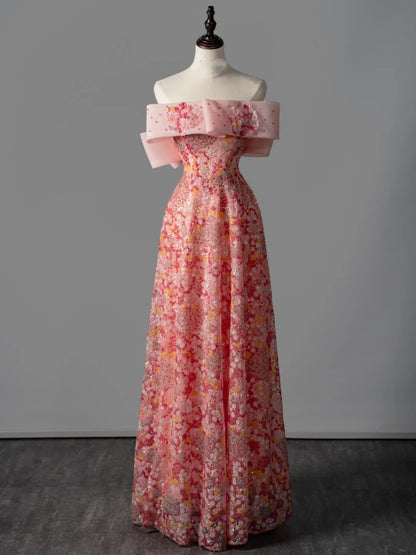 Robe de bal longue rose à sequins, coupe trapèze, épaules dénudées, style sage, idéale pour les jeunes filles (N1170).