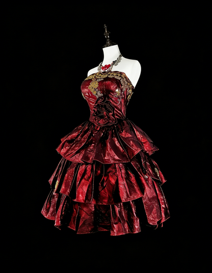 Unique Ball Gown Strapless Burgundy With Gold Appliqued Mini Short Homecoming Dresses Hoco Gowns N3069