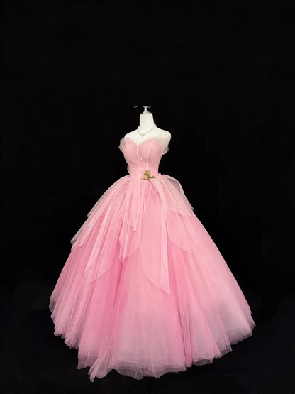 Sweet-16-Kleider langes Ballkleid Sweet-Sixteen langes Geburtstagskleid herzförmiger Ausschnitt rosa Tüll Abendkleid RC0296