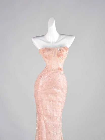 Robe de bal de fin d'année rose sirène élégante, sans bretelles, à sequins et sans manches, N1287