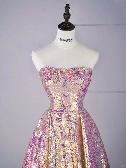 New Ball Gown Strapless Sequins Short Sleeves Long Prom Dresses For High School Teens Girls Formal Bridesmaid Dress N1072