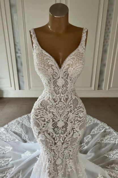 Meerjungfrauen-Hochzeitskleid aus Spitze mit herzförmigem V-Ausschnitt, langem Brautkleid mit Schleppe AB1708