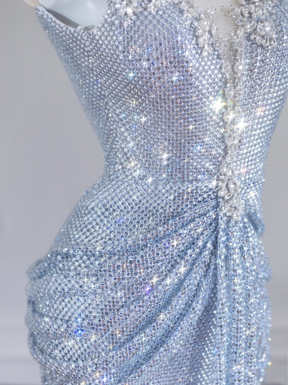 Robe de bal longue sirène à paillettes argentées et perles, col rond, style sirène, idéale pour les fêtes et les anniversaires (N406)