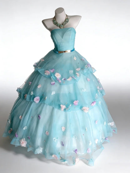 Bescheidene Ballkleider für den Abschlussball, trägerlos, helles Himmelblau, Tüll mit Blumen, langes Quinceañera-Kleid N2969