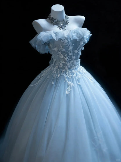 Modest Prom Dresses Ball Gown Strapless Light Sky Blue Tulle With Appliqued Long Quince Dress N3052