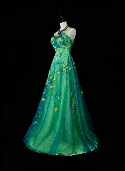 Vintage A Line Sweetheart Green Tulle With Beads Gem Crystals Formal Dress Long Prom Dresses N2699