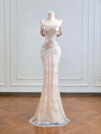 Robe de bal longue sirène scintillante à épaules dénudées et sequins champagne, idéale pour un 18e anniversaire (N389)