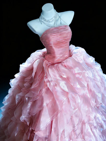 Cute Ball Gown Strapless Pink With Tiered Layers Ruffles Long Sweet 16 Gowns Prom Dresses N3038
