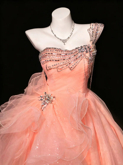 Süßes Ballkleid, eine Schulter, korallenrosa Tüll mit Perlen, Quince-Kleid, lang, Sweet 15 16 Quinceañera-Kleider, Vestido de princesa RB4472