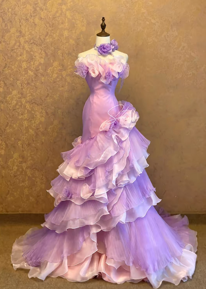 Lilac Prom Dress Inspo Mermaid Sweetheart With Tiered Tulle Modest Long Formal Party Gown RC0030