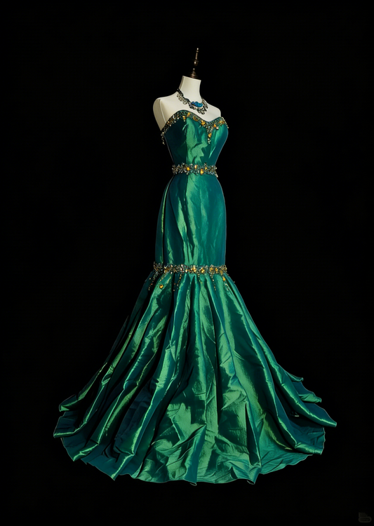 Vintage 1960s Mermaid Sweetheart Dark Green Satin Sleeveless Long Prom Formal Dresses N1596