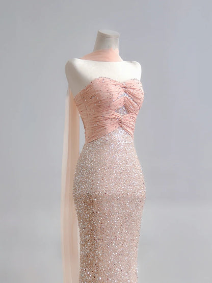 Robe de bal longue à sequins rose champagne, décolleté cœur, style sirène scintillante - Tenue de soirée idéale pour un 18e anniversaire - N386
